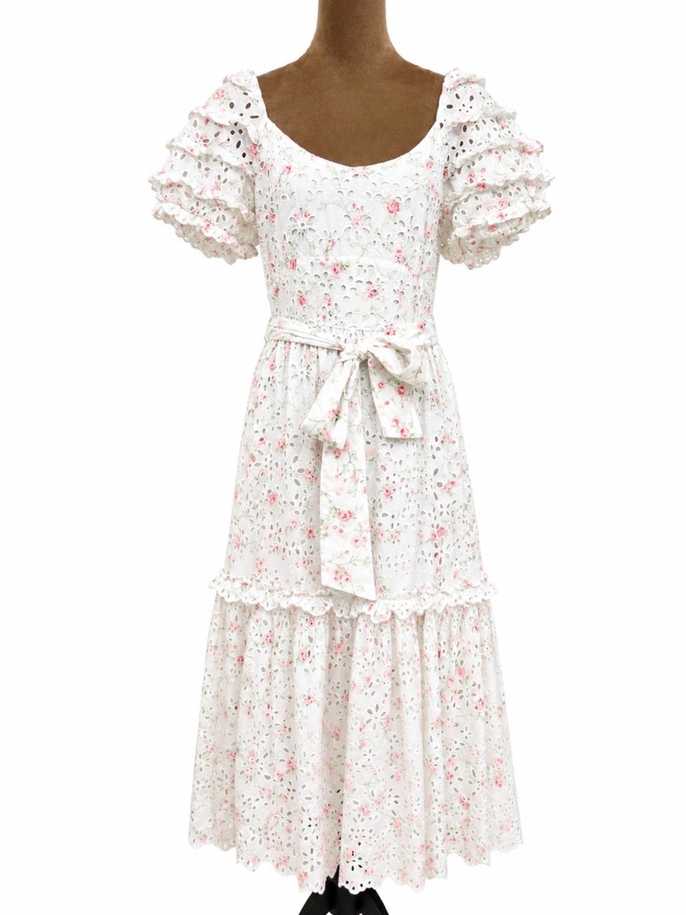 LoveShackFancy White Eyelet Maxi Dress with Pink Floral Print - Picture 2 of 9